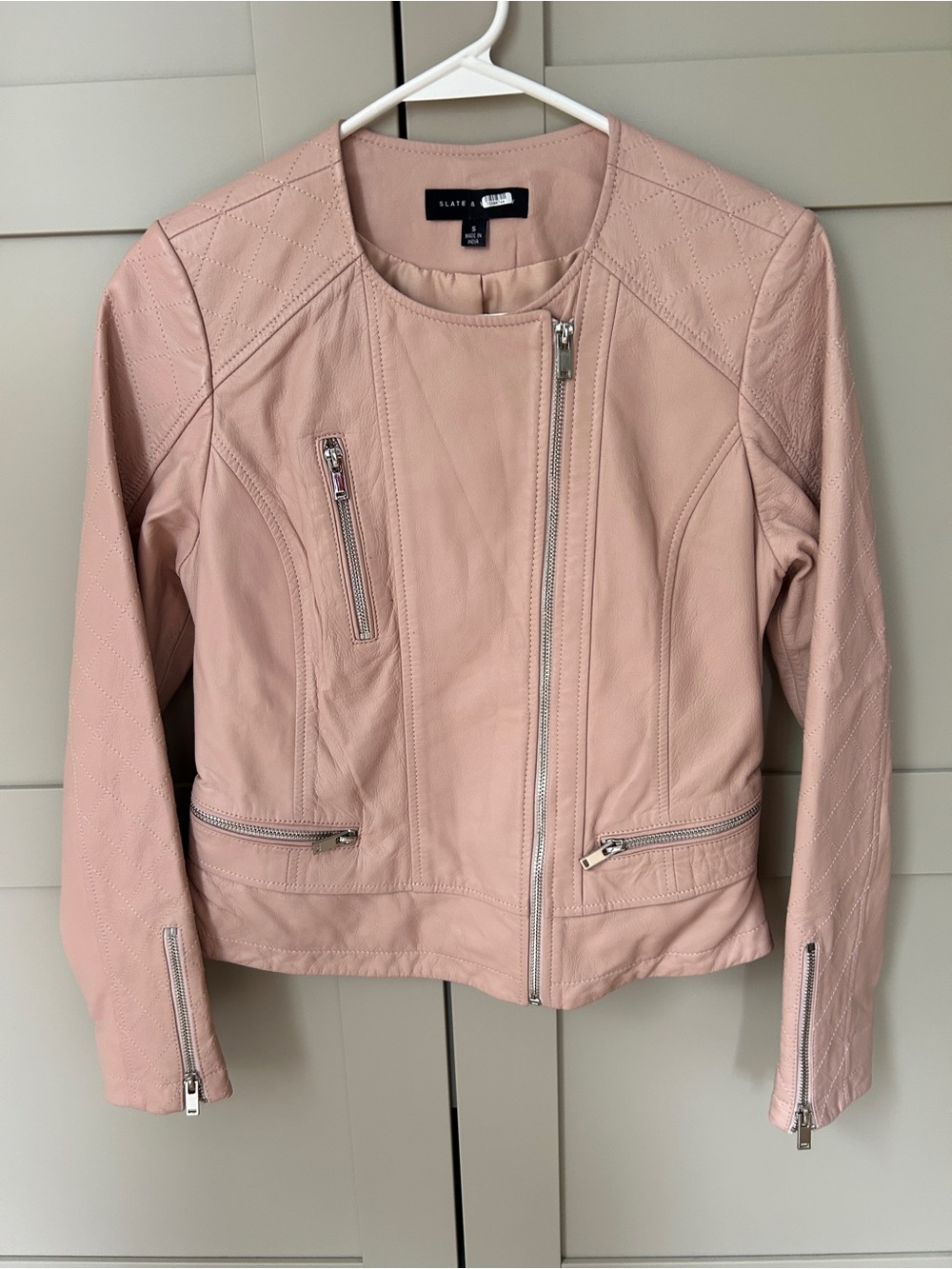 Slate & Willow Dusty Blush Pink Quilted Leather Moto Jacket